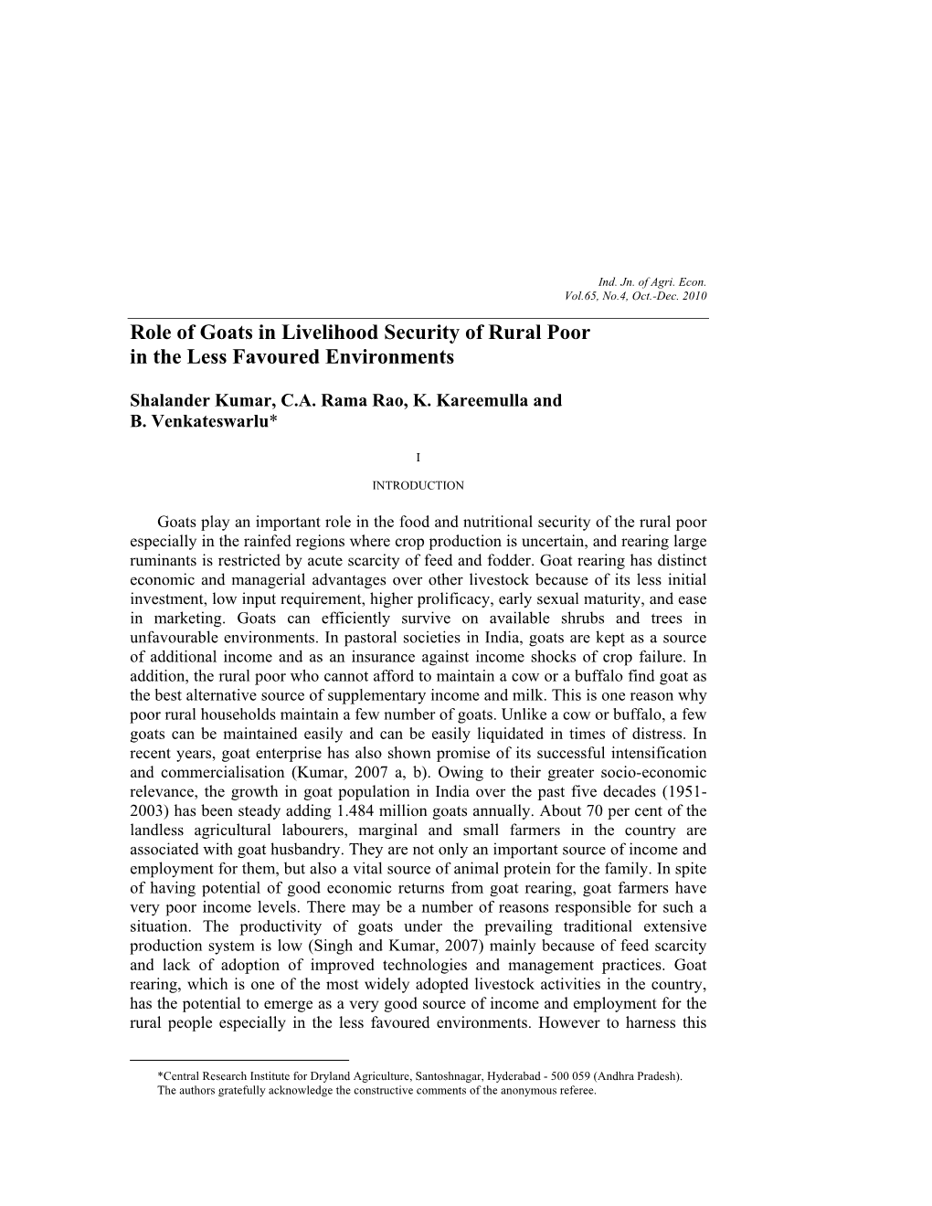 Role of Goats in Livelihood Security of Rural Poor in the Less Favoured Environments