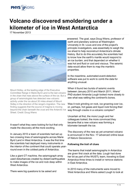 Volcano Discovered Smoldering Under a Kilometer of Ice in West Antarctica 17 November 2013