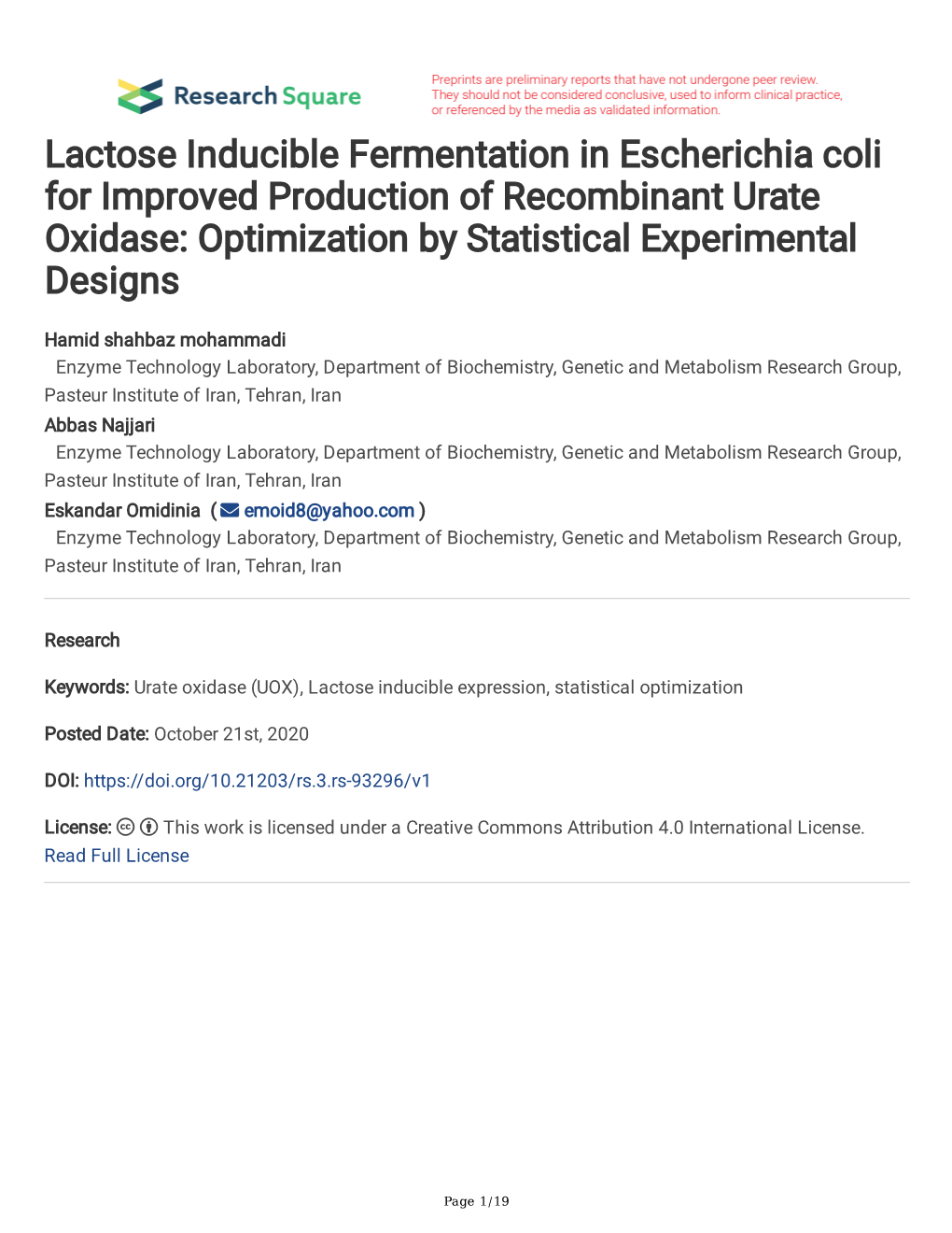 Lactose Inducible Fermentation in Escherichia Coli for Improved Production of Recombinant Urate Oxidase: Optimization by Statistical Experimental Designs