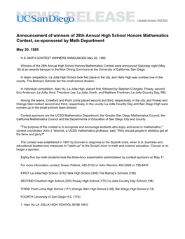 Announcement of Winners of 28Th Annual High School Honors Mathematics Contest, Co-Sponsored by Math Department