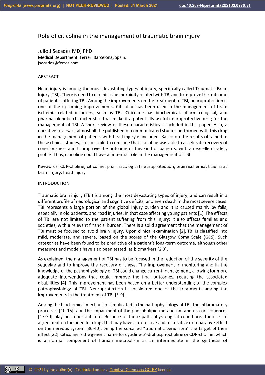 Role of Citicoline in the Management of Traumatic Brain Injury