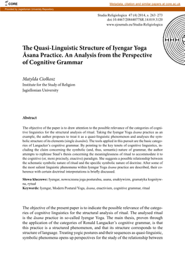 The Quasi-Linguistic Structure of Iyengar Yoga Āsana Practice. an Analysis from the Perspective of Cognitive Grammar