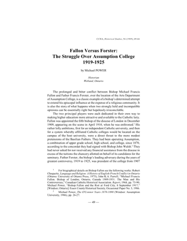 Fallon Versus Forster: the Struggle Over Assumption College 1919-1925
