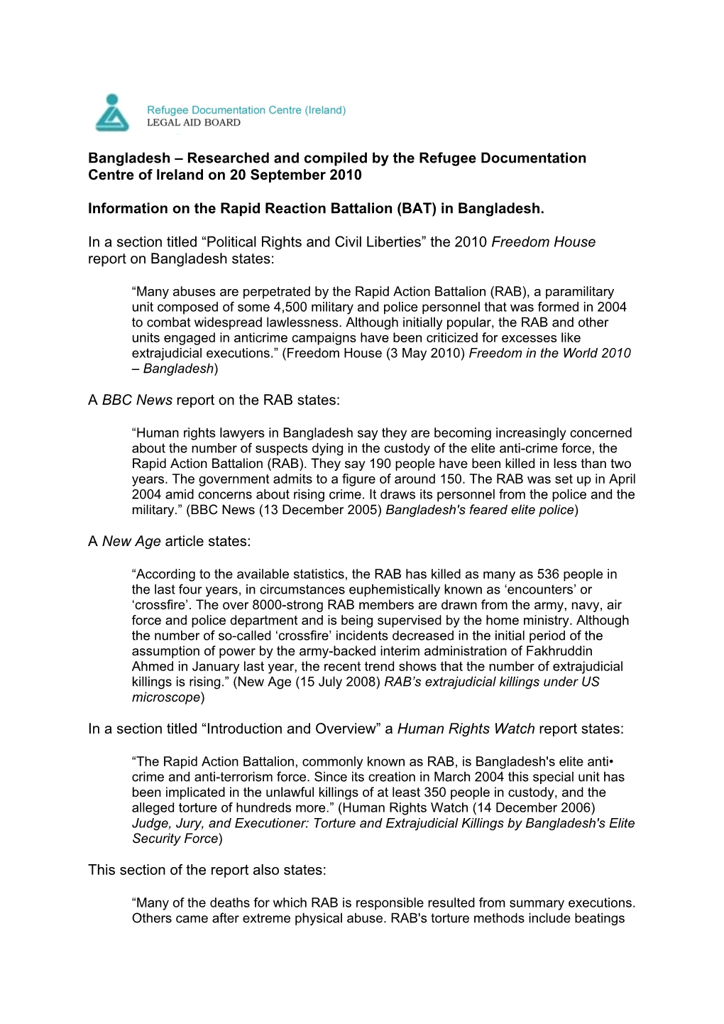 Bangladesh Researched and Compiled by the Refugee Documentation Centre of Ireland on 20 September 2010