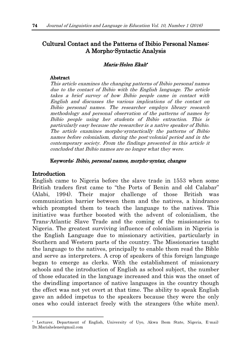 Cultural Contact and the Patterns of Ibibio Personal Names: a Morpho-Syntactic Analysis