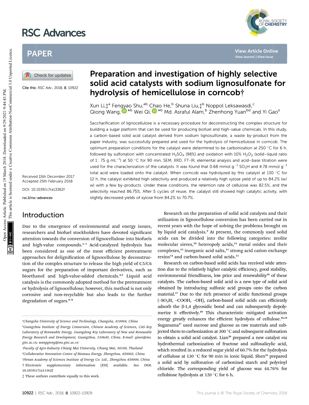 Preparation and Investigation of Highly Selective Solid Acid Catalysts with Sodium Lignosulfonate for Hydrolysis of Hemicellulos