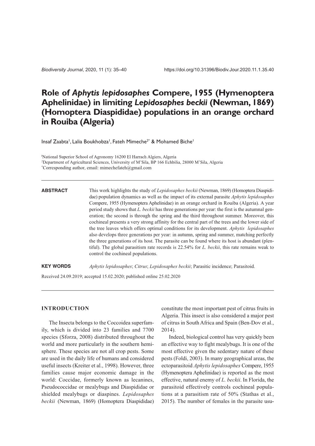 Role of Aphytis Lepidosaphes Compere, 1955 (Hymenoptera Aphelinidae)