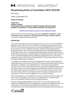 Broadcasting Notice of Consultation CRTC 2010-952