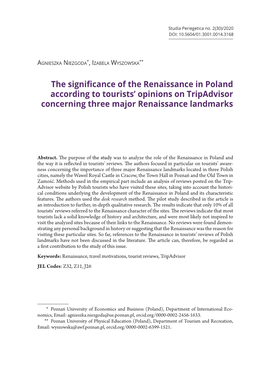 The Significance of the Renaissance in Poland According to Tourists’ Opinions on Tripadvisor Concerning Three Major Renaissance Landmarks