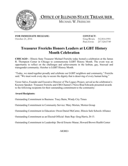 Treasurer Frerichs Honors Leaders at LGBT History Month Celebration
