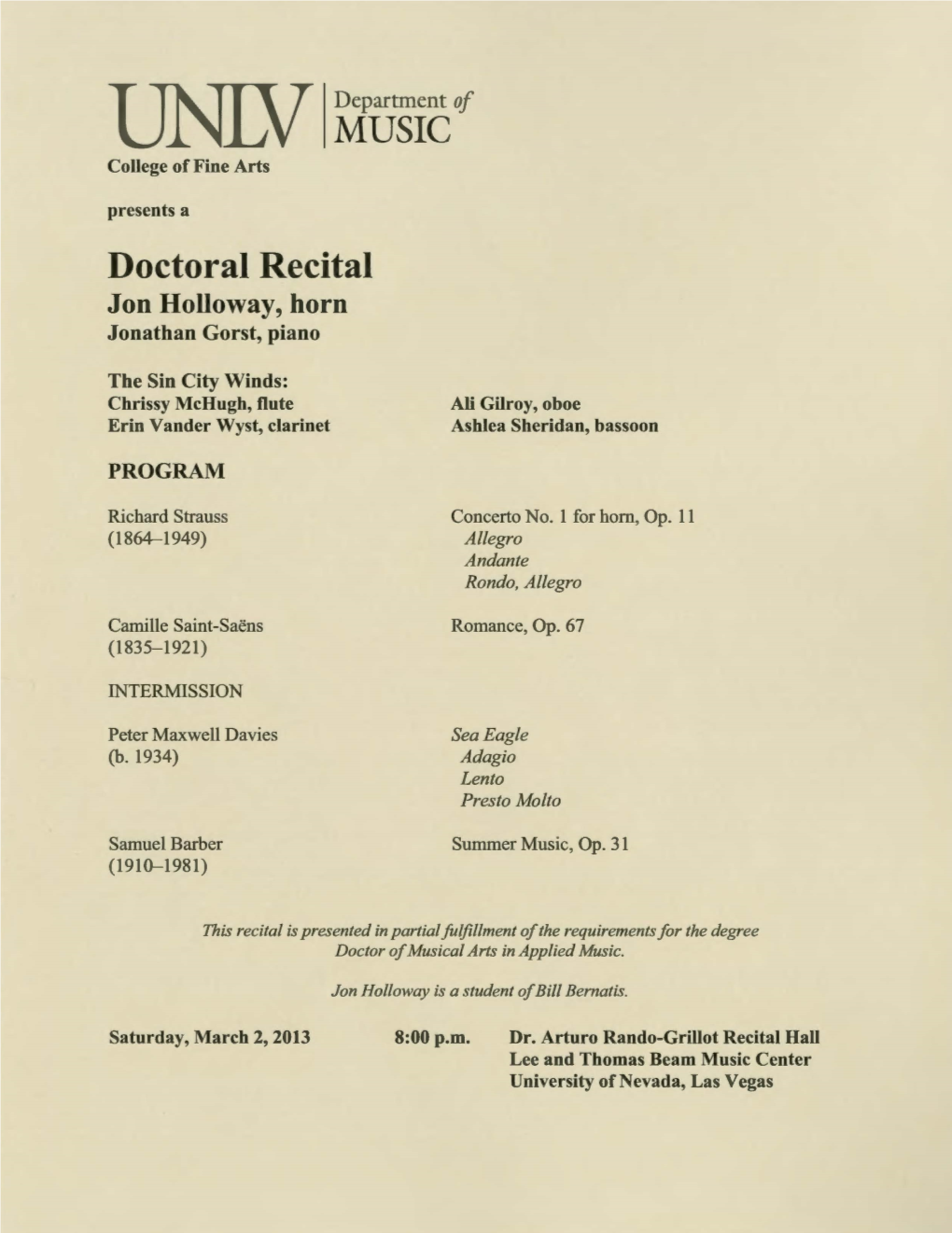 Doctoral Recital Jon Holloway, Horn Jonathan Gorst, Piano