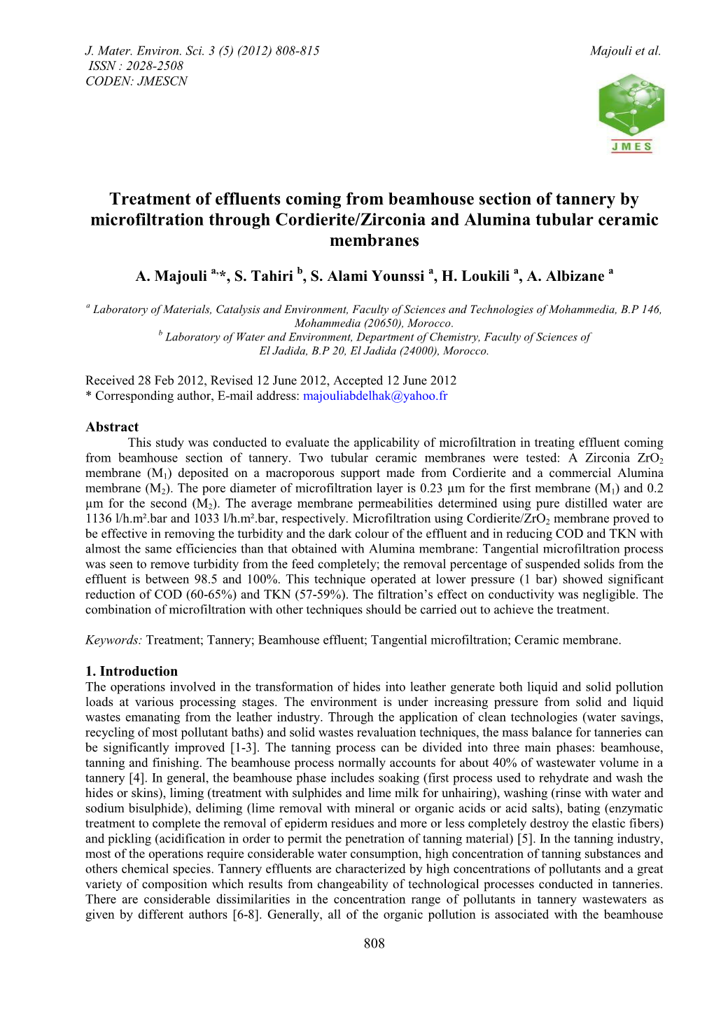 Treatment of Effluents Coming from Beamhouse Section of Tannery by Microfiltration Through Cordierite/Zirconia and Alumina Tubular Ceramic Membranes