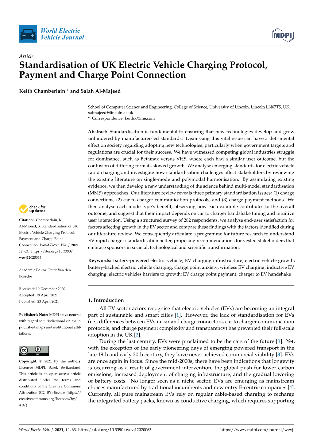 Standardisation of UK Electric Vehicle Charging Protocol, Payment and Charge Point Connection