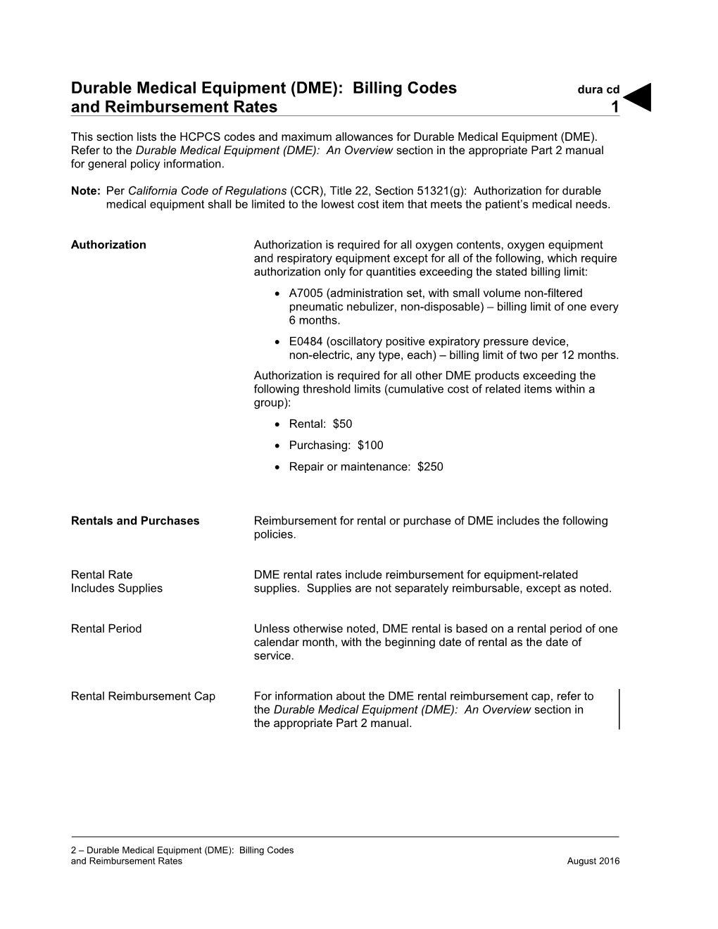 Durable Medical Equipment (DME): Billing Codes And Reimbursement Rates (Dura Cd)