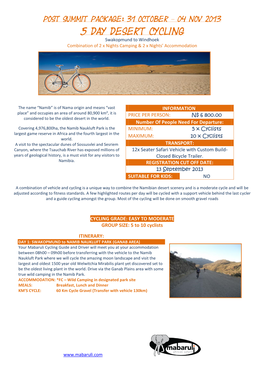 5 Day Desert Cycling Swakopmund to Windhoek Combination of 2 X Nights Camping & 2 X Nights’ Accommodation
