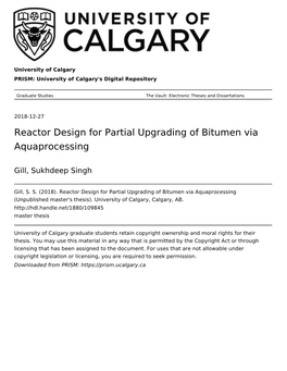 Reactor Design for Partial Upgrading of Bitumen Via Aquaprocessing