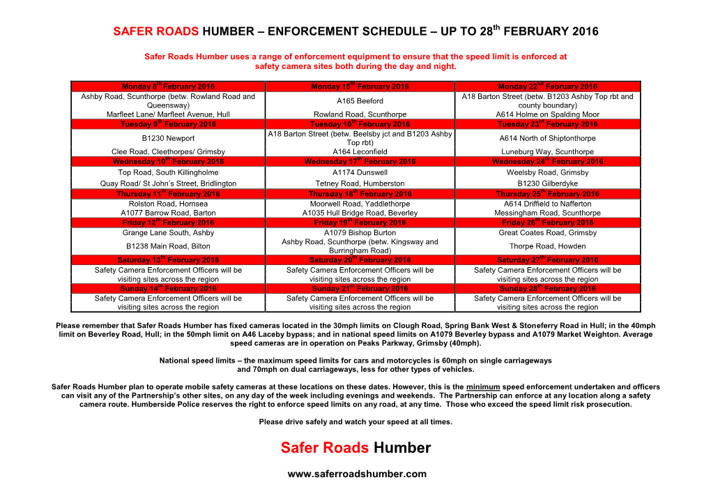 ENFORCEMENT SCHEDULE – up to 28Th FEBRUARY 2016
