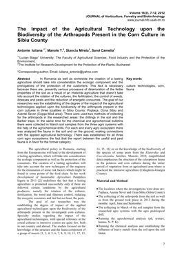 The Impact of the Agricultural Technology Upon the Biodiversity of the Arthropods Present in the Corn Culture in Sibiu County