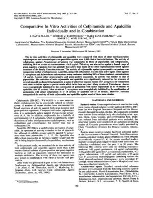 Comparative in Vitro Activities of Cefpiramide and Apalcillin Individually and in Combination J