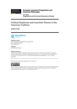 European Journal of Pragmatism and American Philosophy, V-2 | 2013 Political Skepticism and Anarchist Themes in the American Tradition 2
