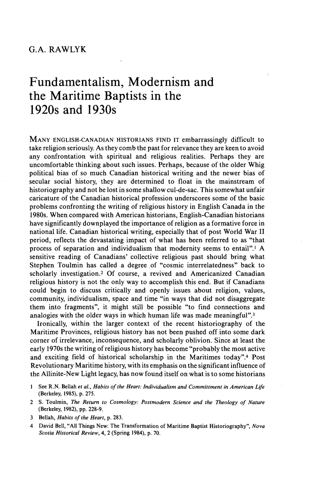 Fundamentalism, Modernism and the Maritime Baptists in the 1920S and 1930S