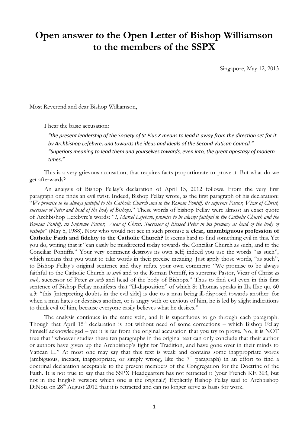 Open Answer to the Open Letter of Bishop Williamson to the Members of the SSPX