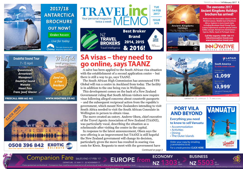 SA Visas – They Need to Go Online, Says TAANZ Continued from Page 1 the Eagle Has Specialist Returns Offering