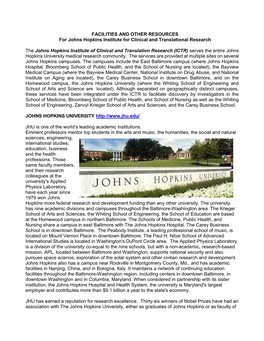 FACILITIES and OTHER RESOURCES for Johns Hopkins Institute for Clinical and Translational Research the Johns Hopkins Institute O