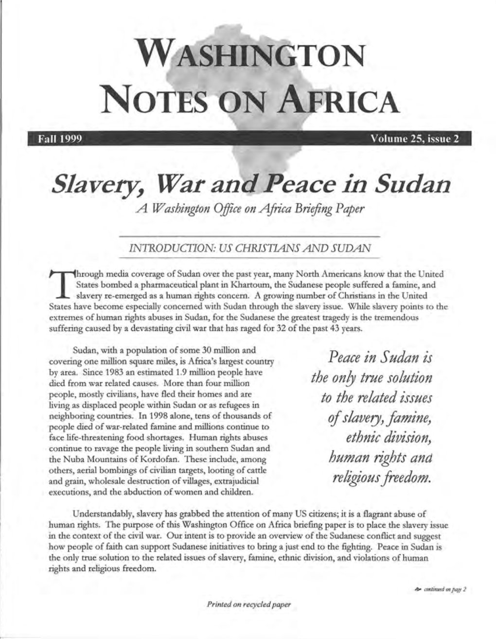 Slavery, War an Eace in Sudan a Washington Office on Africa Briefing Paper
