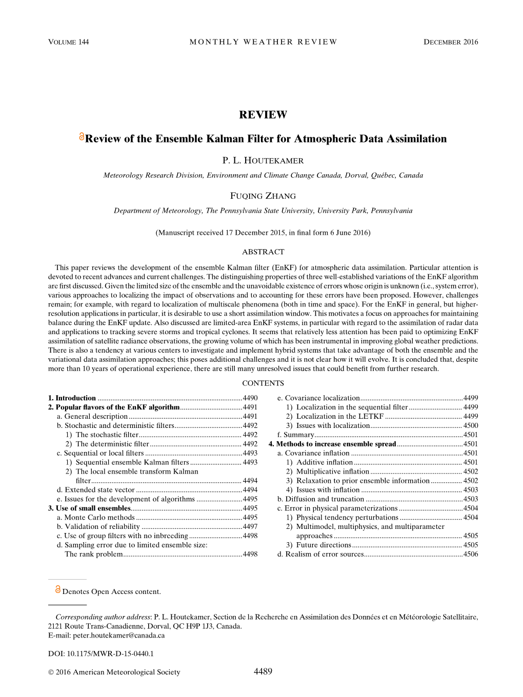 Review of the Ensemble Kalman Filter for Atmospheric Data Assimilation