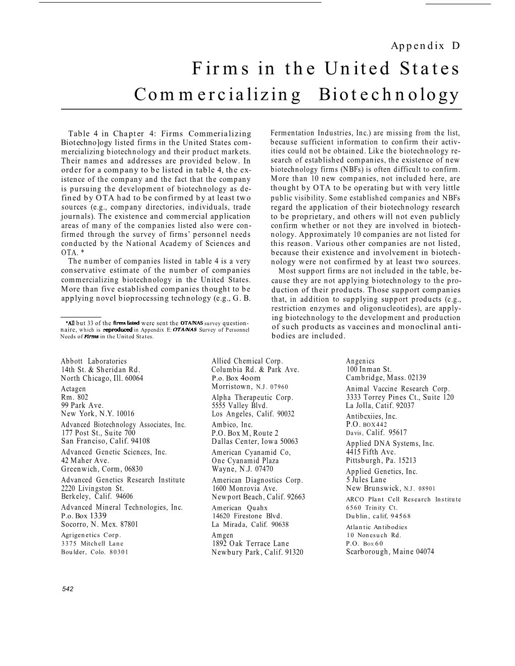 Firms in the United States Commercializing Biotechnology