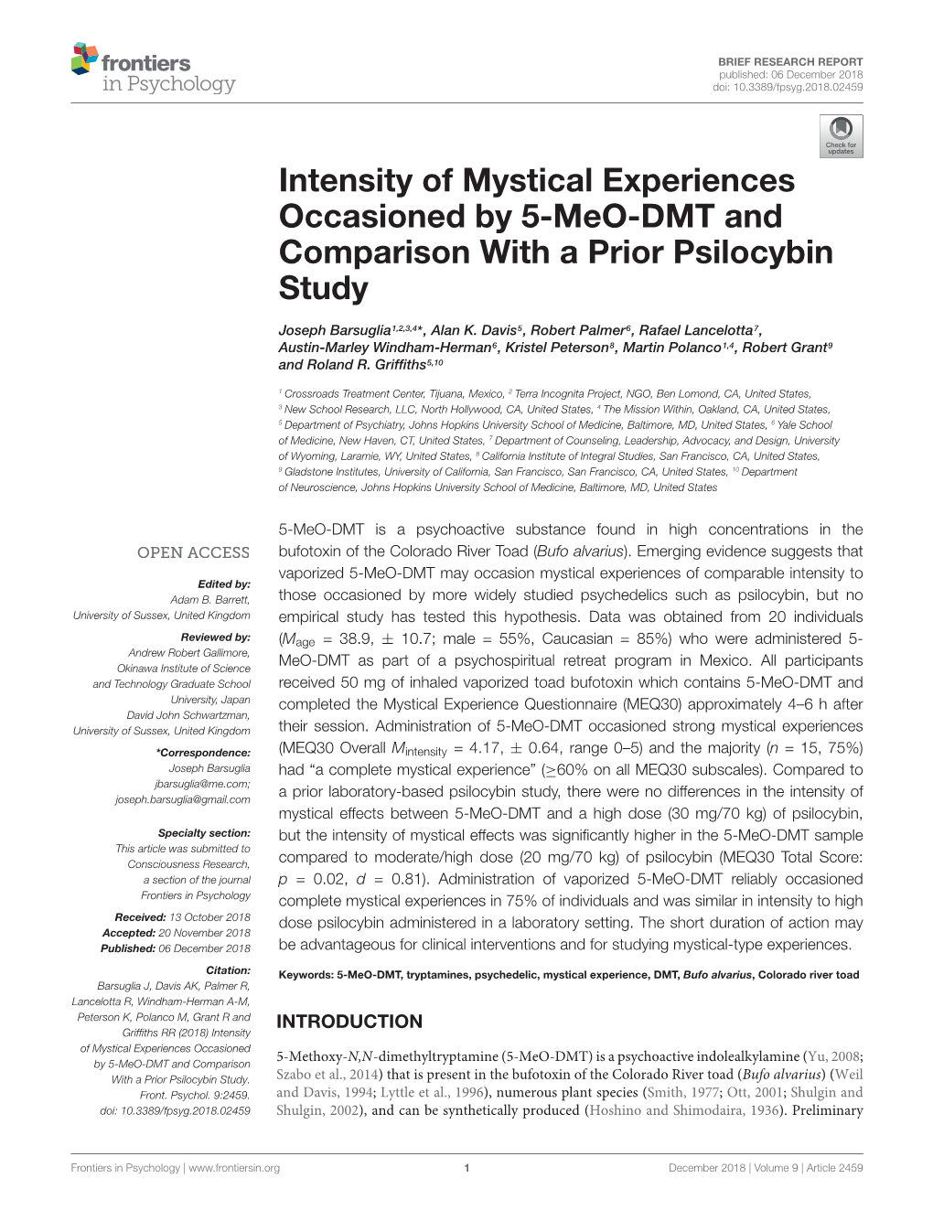 Intensity of Mystical Experiences Occasioned by 5-Meo-DMT and Comparison with a Prior Psilocybin Study