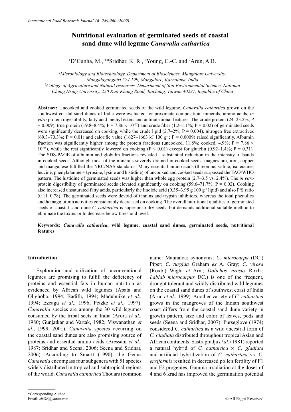 Nutritional Evaluation of Germinated Seeds of Coastal Sand Dune Wild Legume Canavalia Cathartica