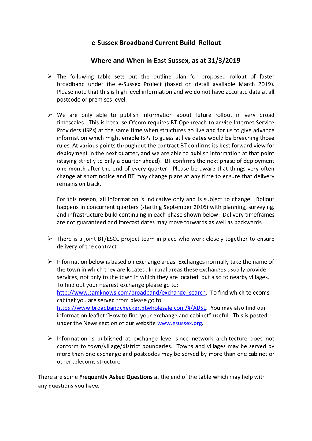 E-Sussex Broadband Current Build Rollout Where and When in East