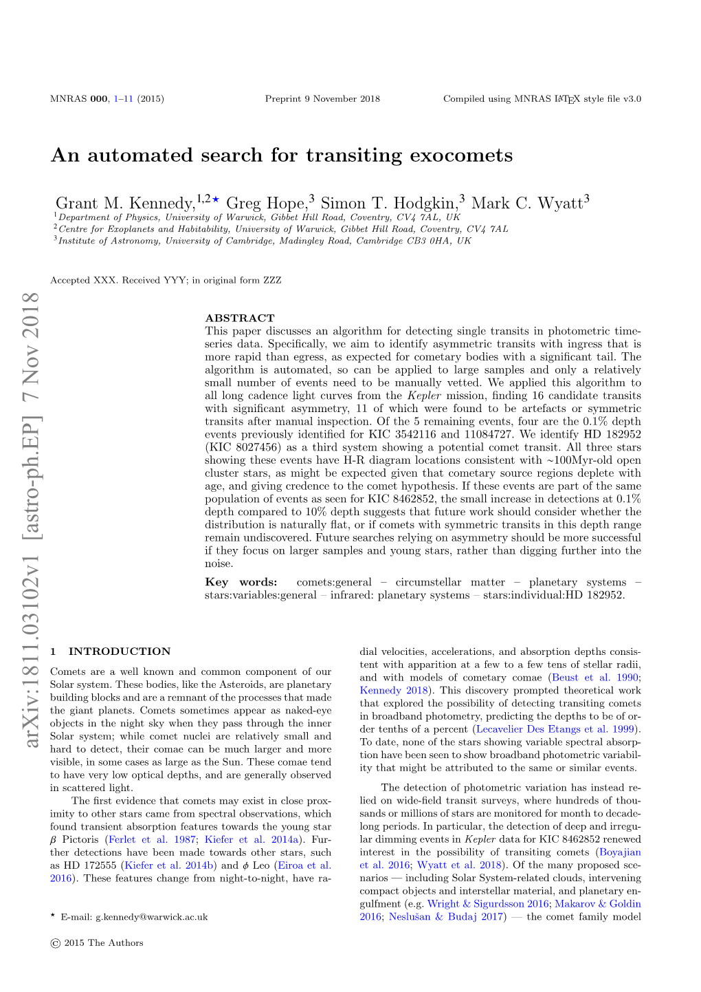 An Automated Search for Transiting Exocomets