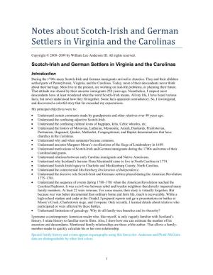 Notes About Scotch-Irish and German Settlers in Virginia and the Carolinas