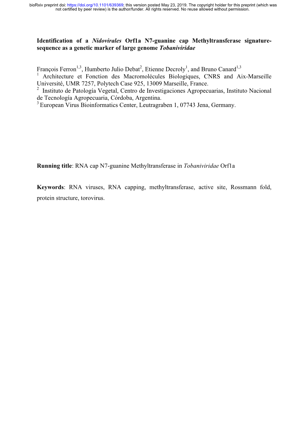 Identification of a Nidovirales Orf1a N7-Guanine Cap Methyltransferase Signature- Sequence As a Genetic Marker of Large Genome Tobaniviridae