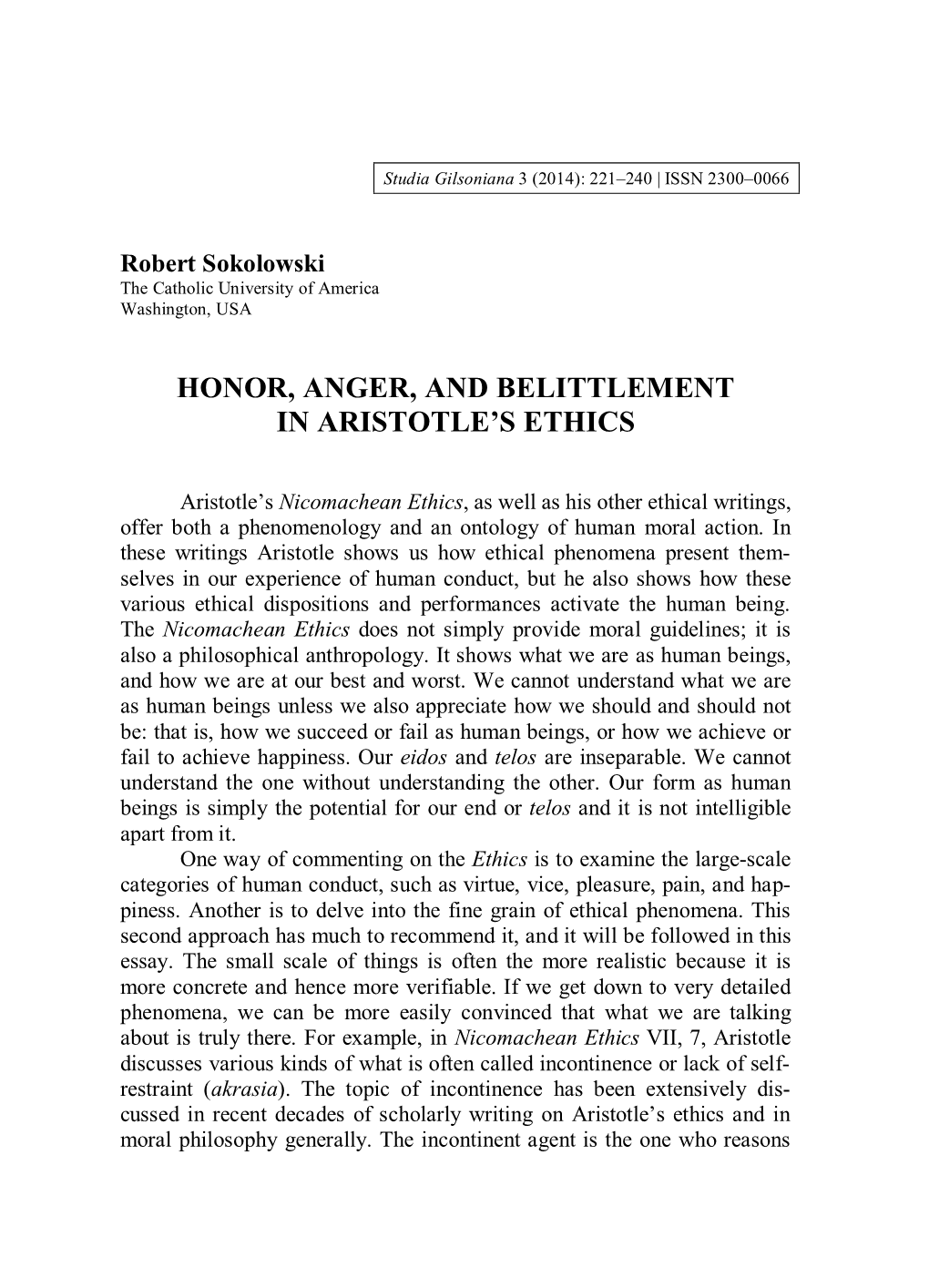 Honor, Anger, and Belittlement in Aristotle's