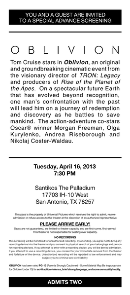 Tuesday, April 16, 2013 7:30 PM Santikos the Palladium 17703 IH