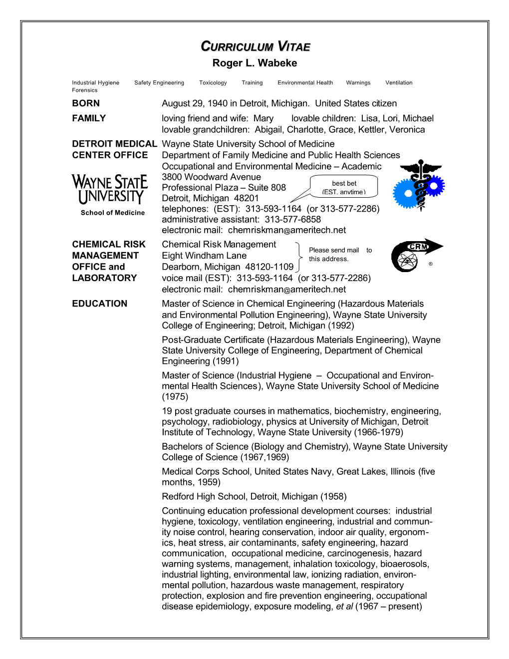 CURRICULUM VITAE Roger L. Wabeke