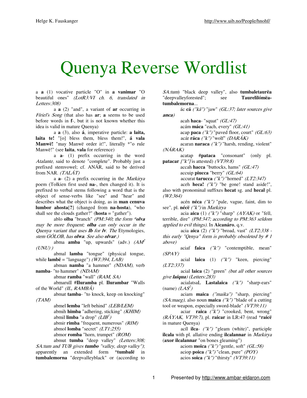 Quenya Reverse Wordlist