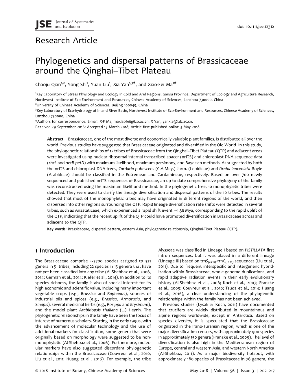 Phylogenetics and Dispersal Patterns of Brassicaceae Around the Qinghai–Tibet Plateau