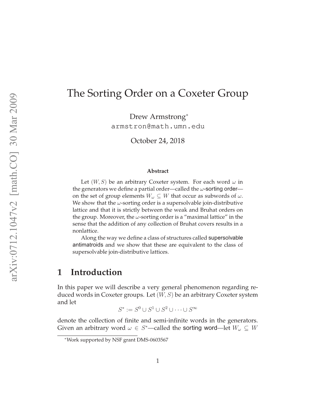 The Sorting Order on a Coxeter Group