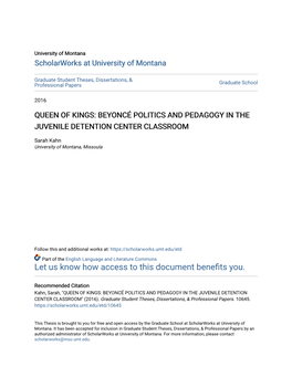 Queen of Kings: Beyoncé Politics and Pedagogy in the Juvenile Detention Center Classroom