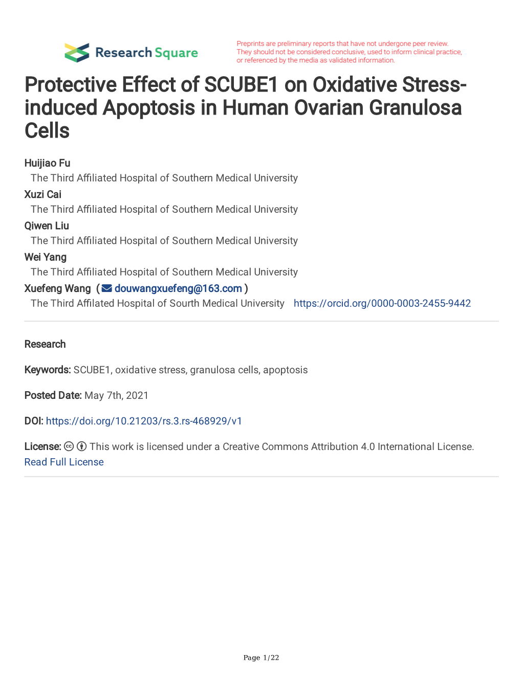 Protective Effect of SCUBE1 on Oxidative Stress- Induced Apoptosis in Human Ovarian Granulosa Cells