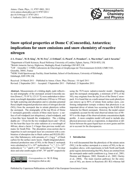 Snow Optical Properties at Dome C (Concordia), Antarctica; Implications for Snow Emissions and Snow Chemistry of Reactive Nitrogen