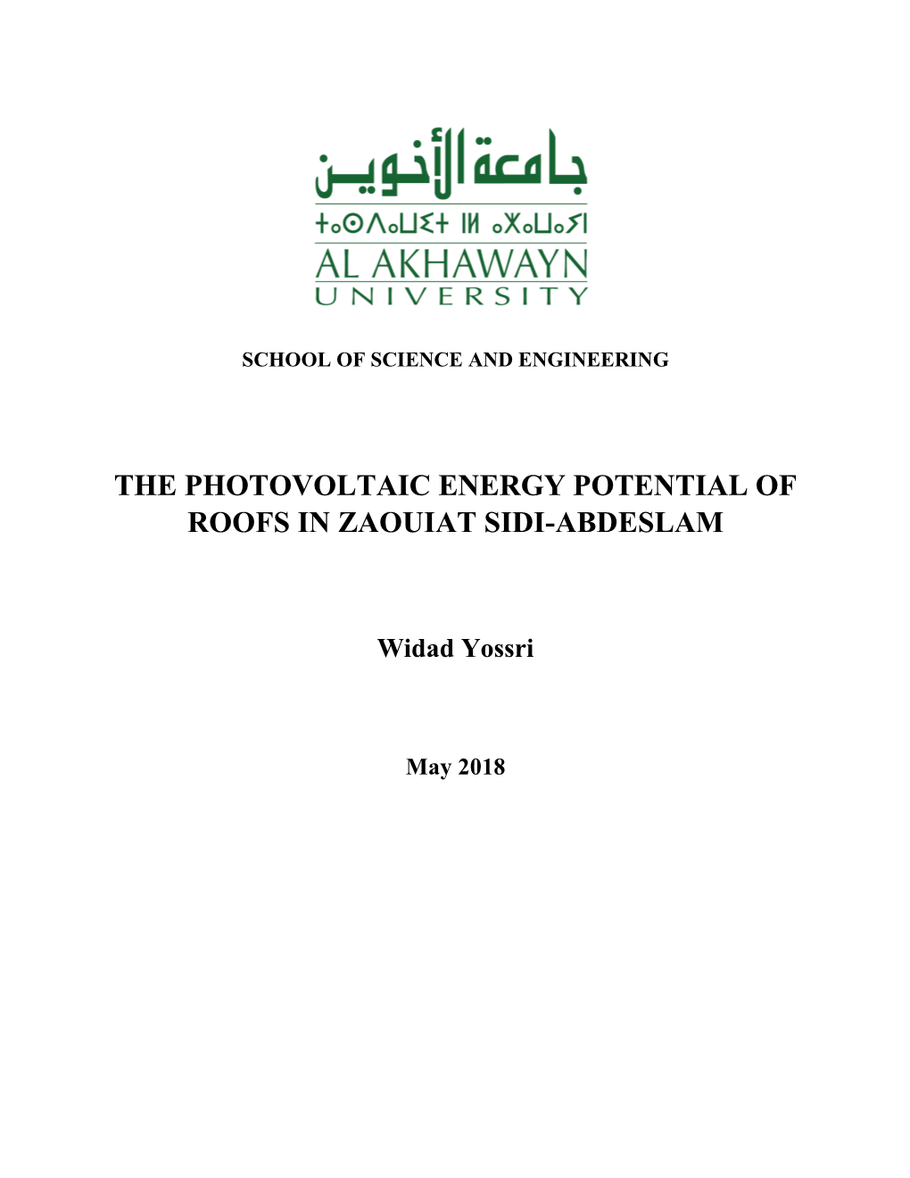 The Photovoltaic Energy Potential of Roofs in Zaouiat Sidi-Abdeslam