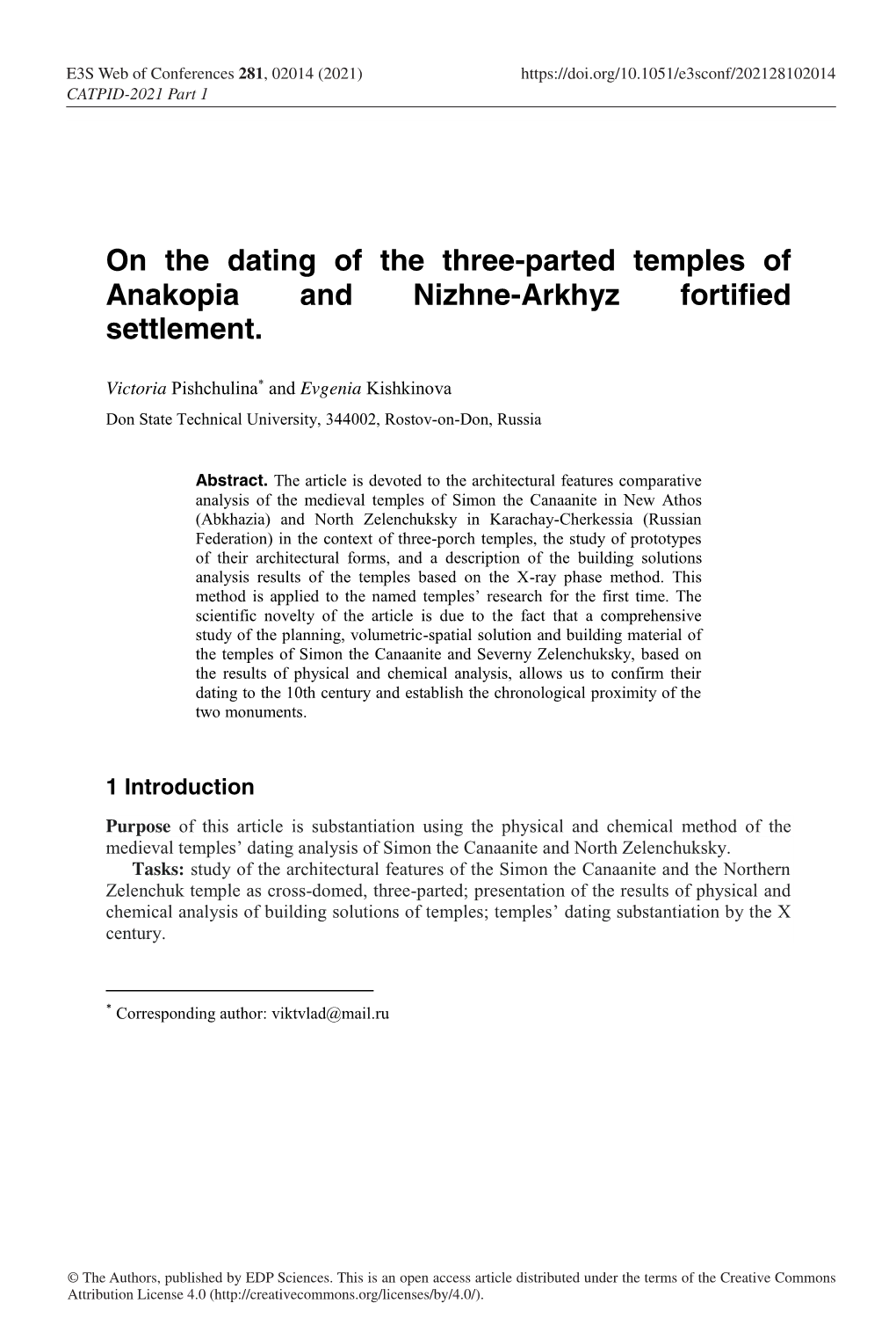 On the Dating of the Three-Parted Temples of Anakopia and Nizhne-Arkhyz Fortified Settlement