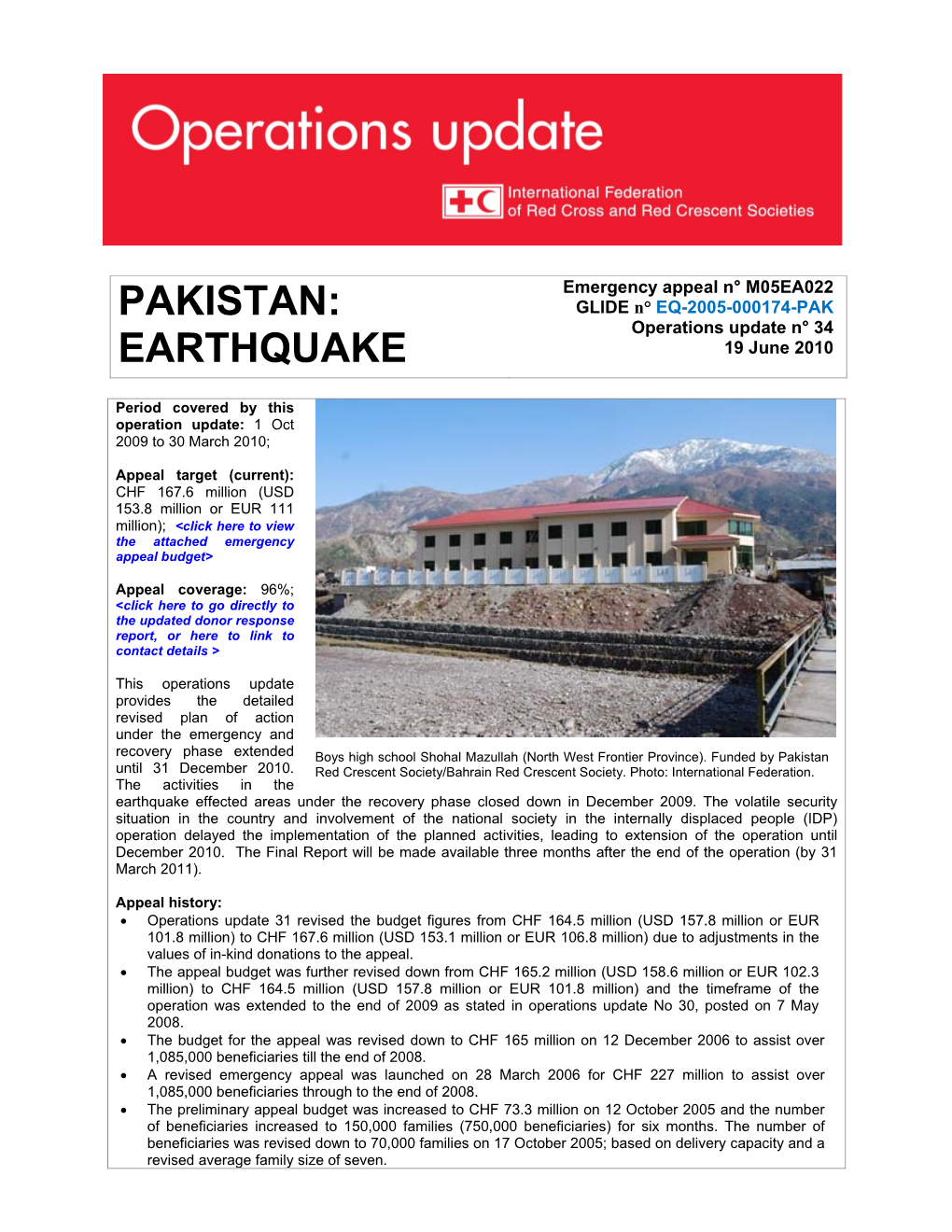 PAKISTAN: GLIDE N° EQ-2005-000174-PAK Operations Update N° 34 19 June 2010