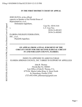 JOSE OLIVIA, in His Official Capacity As Speaker of the Florida House of Representatives, Et Al., Defendants/Appellants, Case No